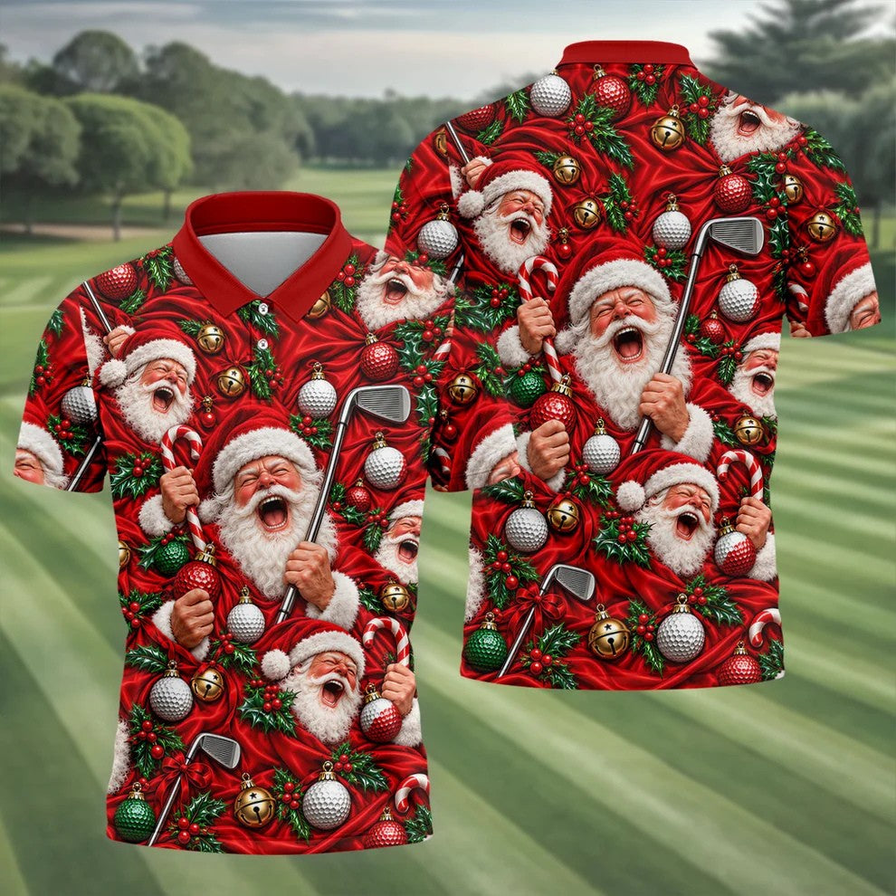 Santa Golf Ornaments Christmas Golf Shirt, Golf Shirts For Men, Mens Golf Shirts