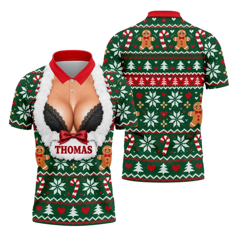 Custom Name Sexy Cleavage Christmas Golf Shirt, Mens Golf Polo, Golf Shirts For Men