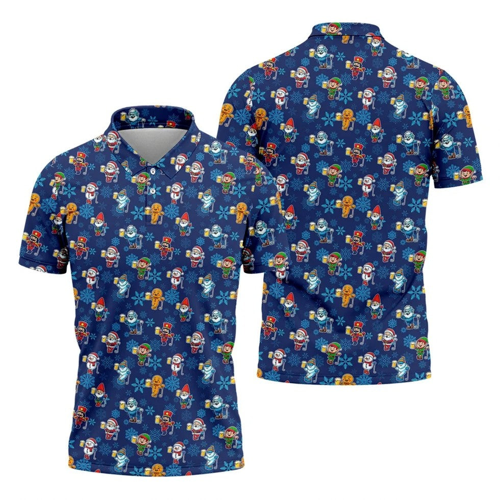 Christmas Characters Golf And Beer Navy Men's Funny Golf Shirts, Christmas Golf Shirt, Polo Shirts For Men
