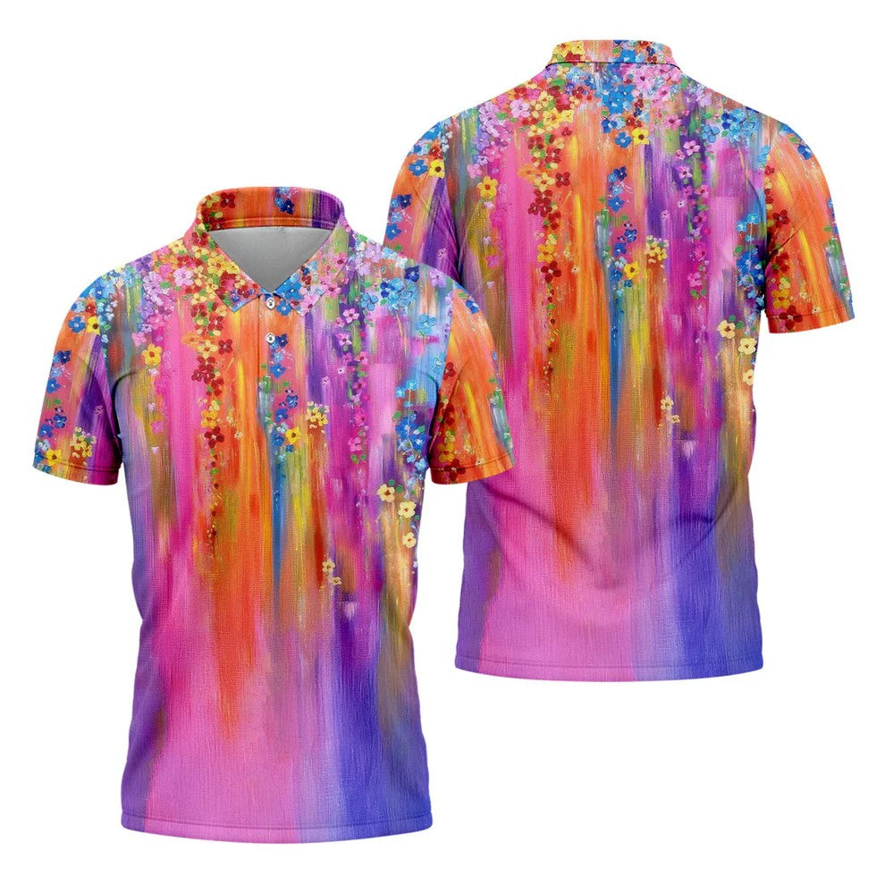 Colorful Abstract Floral Painting Golf Polo, Golf Tops For Men, Golfing Apparel