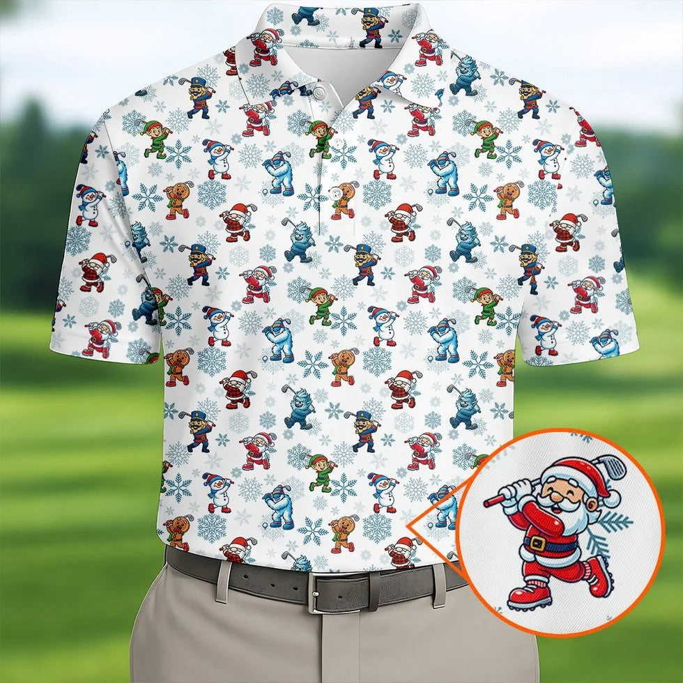 Christmas Characters Golf Pose Men's Funny Golf Shirts, Christmas Golf Shirt, Polo Shirts For Men