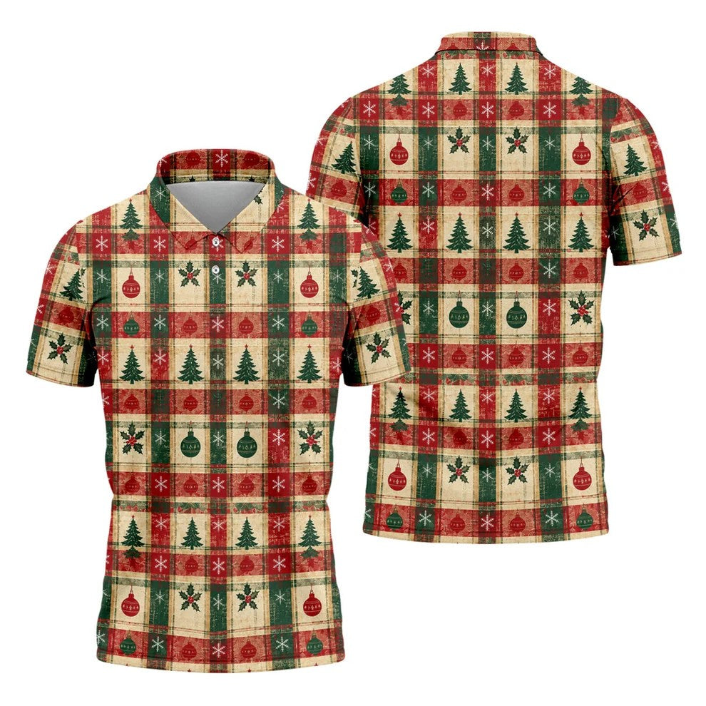 Tree Patchwork Plaid Christmas Golf Shirt, Golf Shirts For Men, Mens Golf Apparel