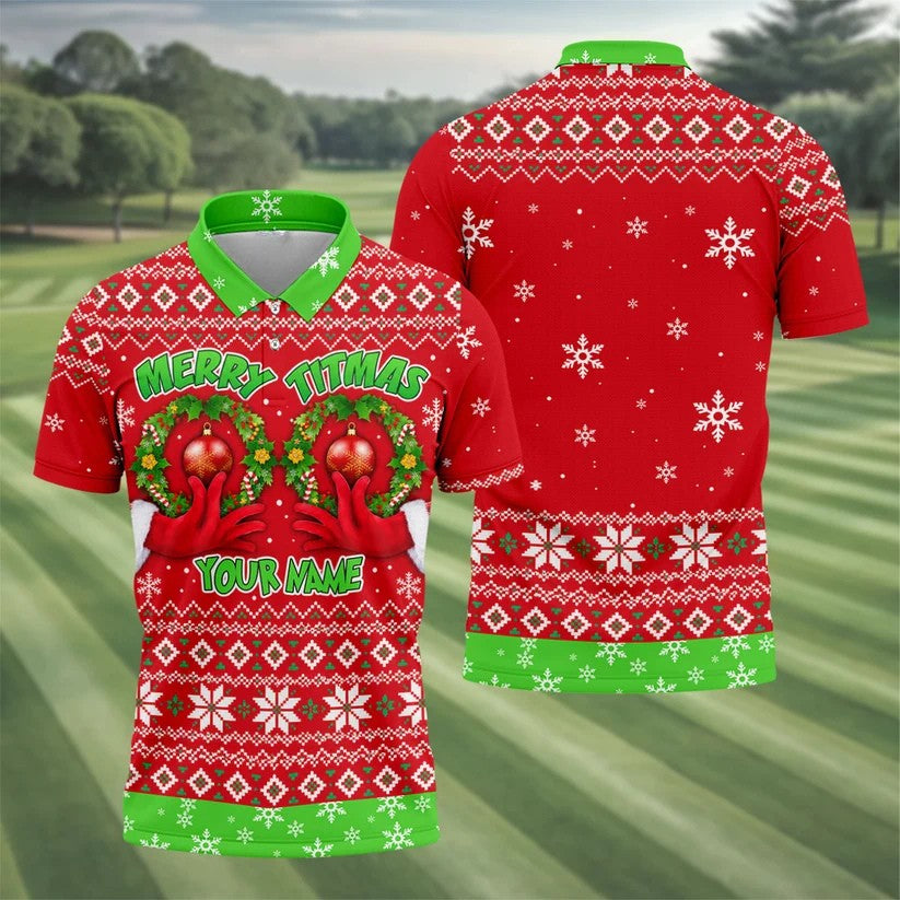 Custom Name Merry Titmas Polo Shirt, Christmas Golf Shirt For Men, Mens Golf Apparel