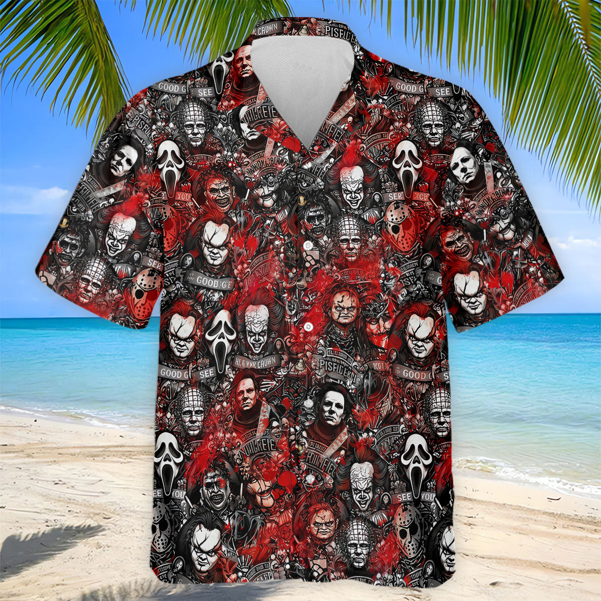 Red Horror Character Collage Halloween Golf Shirt, Men's Golf Shirt, Hawaiian Golf Shirt