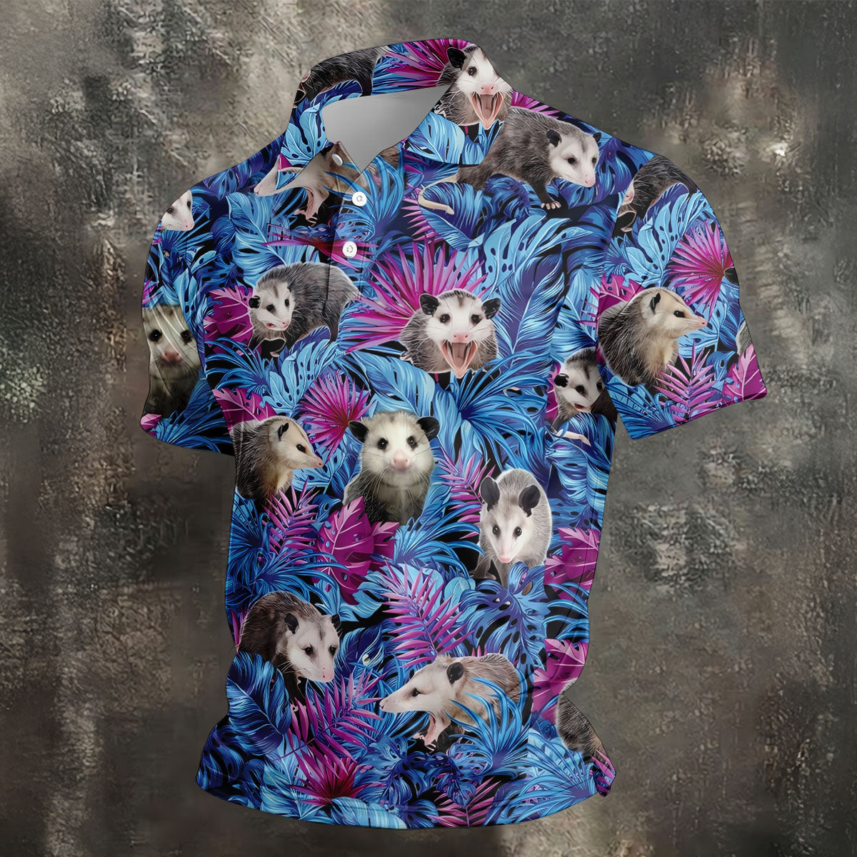 Funny Opossum Blue Purple Hawaiian Golf Shirt, Tropical Theme Golf Shirts For Men