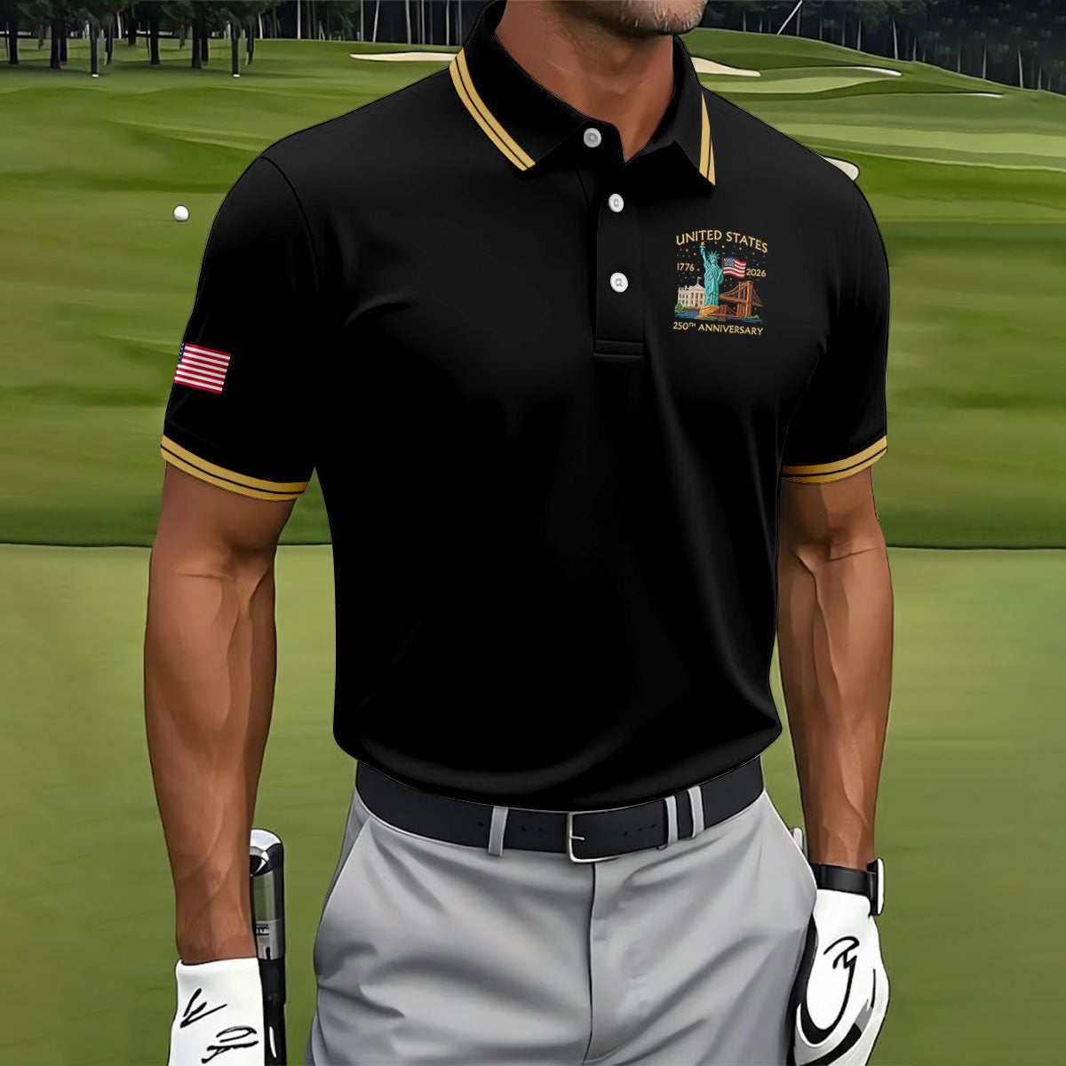 American Symbols Black Patriotic Golf Shirt, US 250 Years 4th Of July Golf Shirts For Men