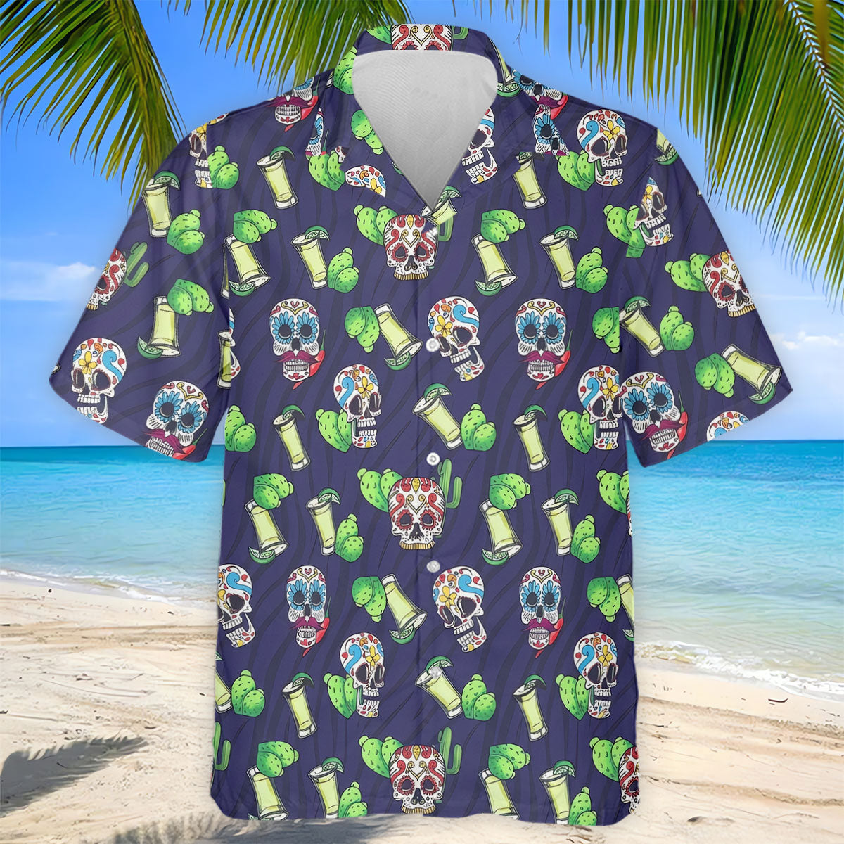Day Of The Dead Sugar Skull Cactus Polo Shirt, Mens Golf Polo, Hawaiian Golf Shirt