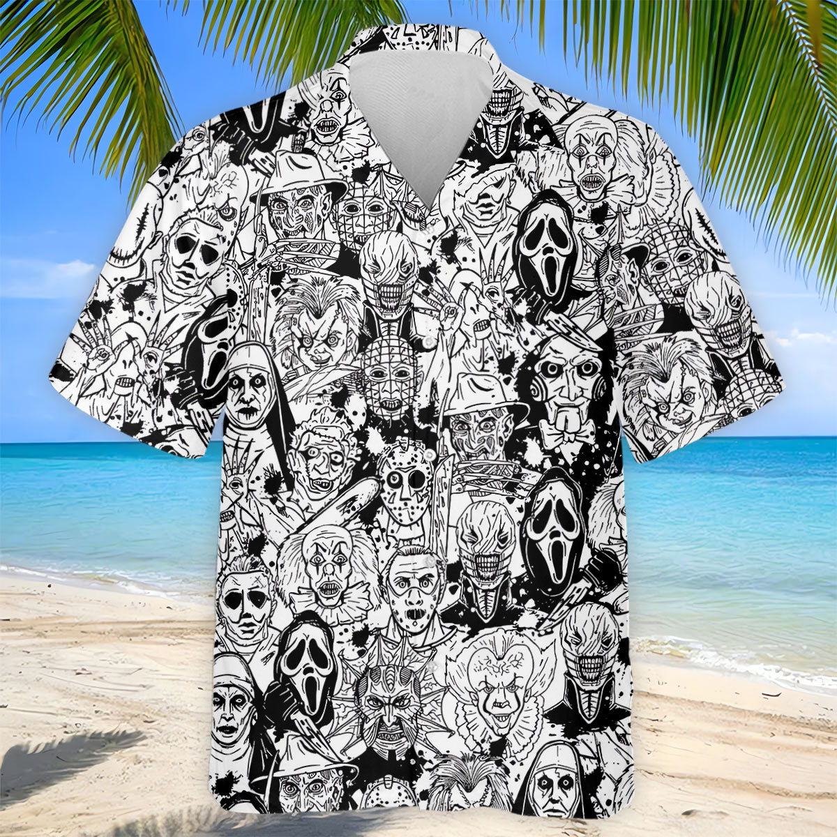 Black White Horror Character Sketch Golf Shirt, Mens Golf Polo, Halloween Golf Shirt