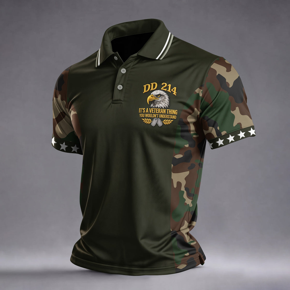 DD-214 Eagle Olive Green Camo Polo Shirt, Veterans Day Golf Shirt, Mens Golf Apparel