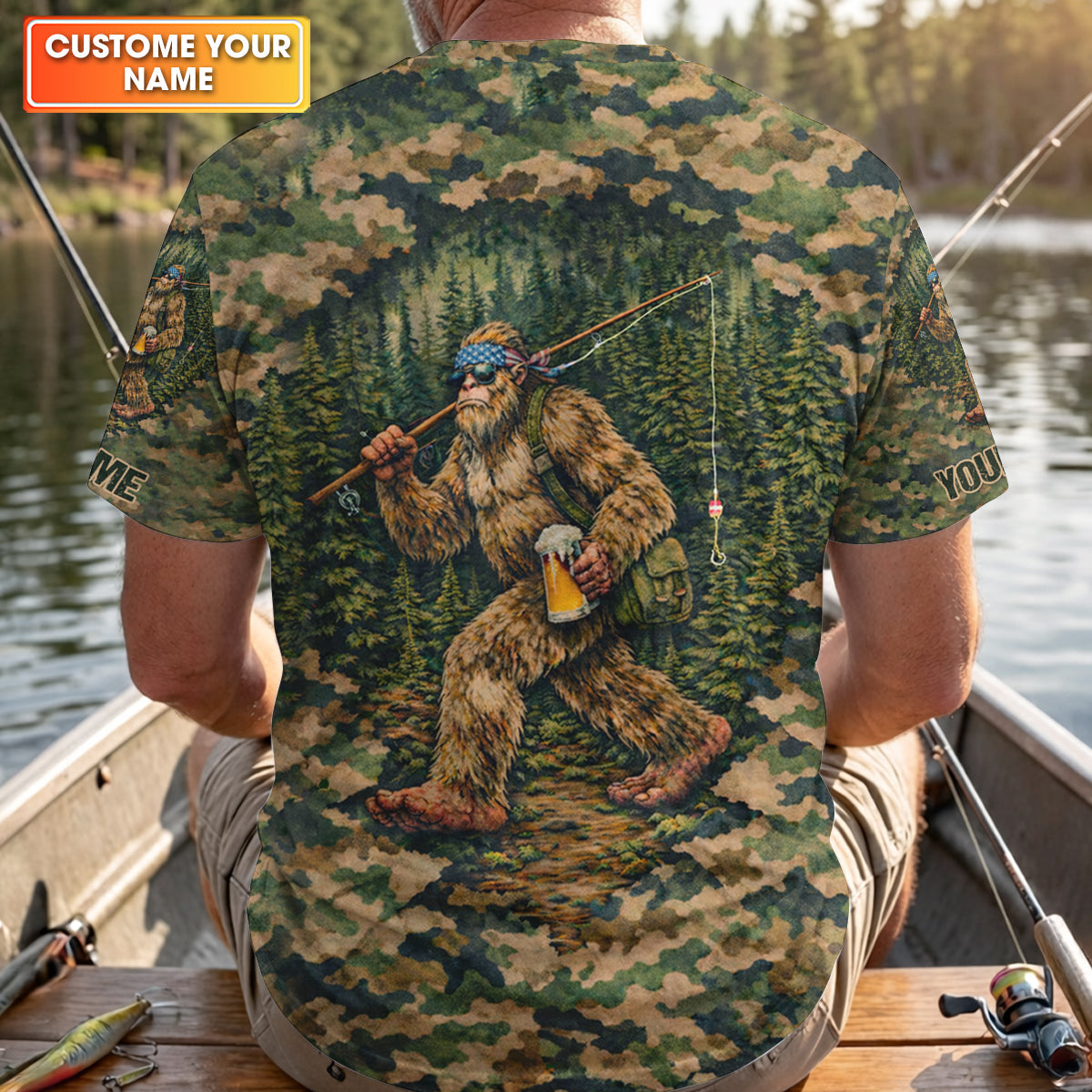 Bigfoot Fishing And Beer Earth Green Camo Fishing Shirt, Fishing UPF Shirts, Fishing Shirts For Men