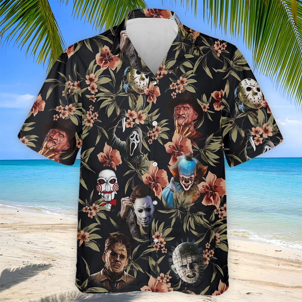 Dark Floral Horror Character Halloween Golf Shirt, Mens Golf Polo, Hawaiian Golf Shirt
