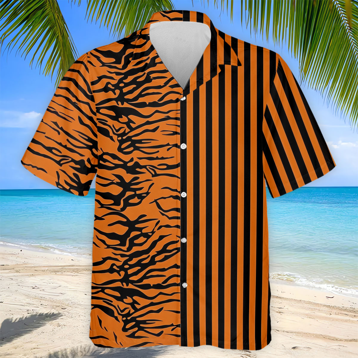 Orange Tiger Stripe Split Pattern Golf Shirt, Mens Golf Polo, Golf Apparel For Men, Golf Polo Shirts For Men