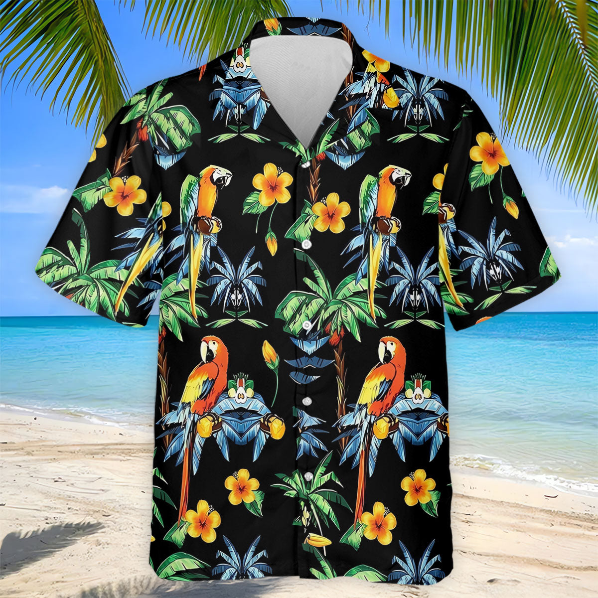 Black Tropical Parrot Palm Flower Pattern Golf Shirt, Men's Golf Shirt, Mens Polo Shirts, Hawaiian Golf Shirt