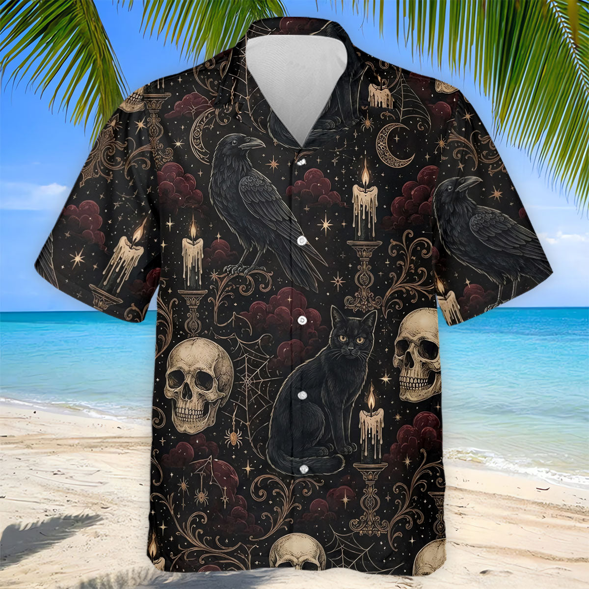 Gothic Raven Black Cat Skull Halloween Polo Shirt, Golf Shirts For Men, Mens Golf Apparel