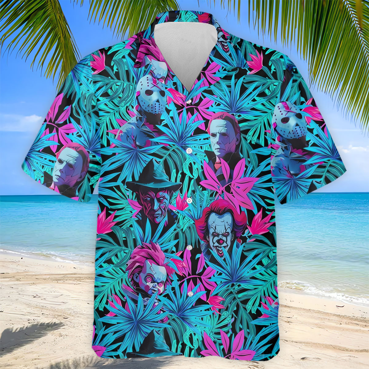 Neon Halloween Horror Character Hawaiian Golf Shirt, Men's Golf Shirt, Printed Golf Polo Shirt