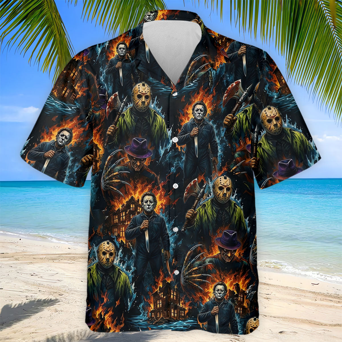 Horror Character Fire Collage Halloween Polo Shirt, Mens Golf Shirts, Mens Polo Shirts