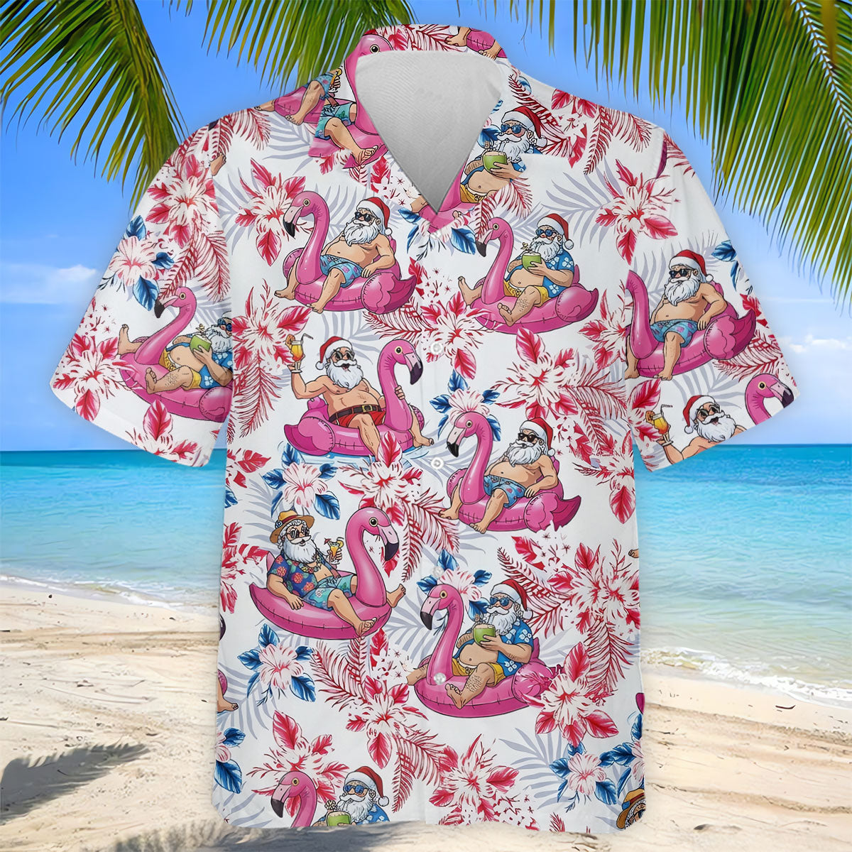 Funny Tropical Santa Flamingo Christmas Polo Shirt, Mens Golf Polo, Hawaiian Golf Shirt