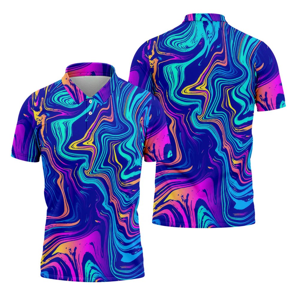 Vibrant Abstract Liquid Pattern Golf Shirt, Mens Polo Shirt, Performance Golf Shirt, Hawaiian Golf Shirt
