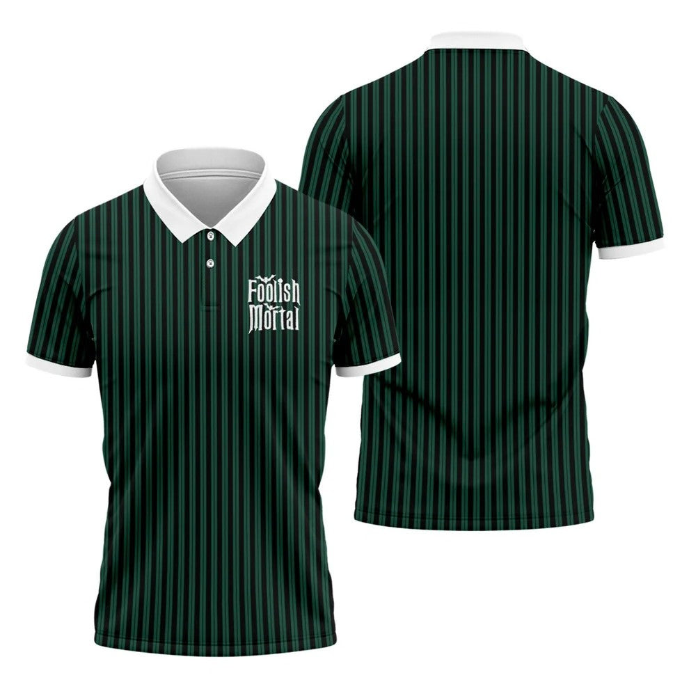 Green Foolish Mortal Striped Golf Polo Shirt, Men's Golf Shirt, Halloween Shirt For Men