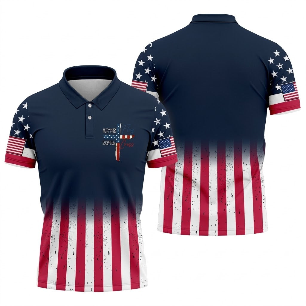 Stand For The Flag Kneel For The Cross Patriotic Golf Shirt, 250 Years 4th Of July Golf Shirts For Men