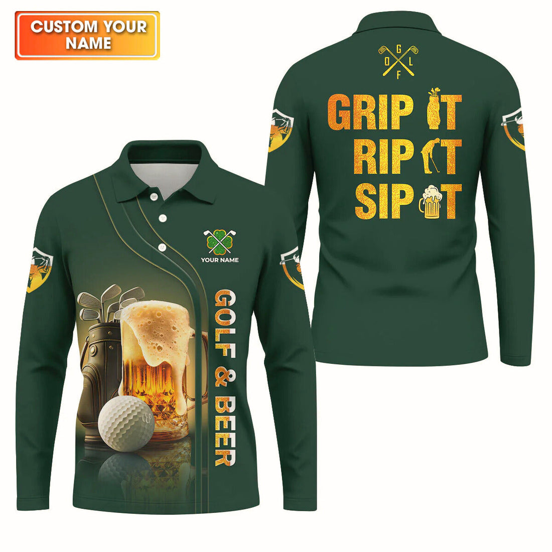 Personalized Grip It Rip It Sip It Golf And Beer St Patrick's Day Green Polo Shirt Golf Gift For Men