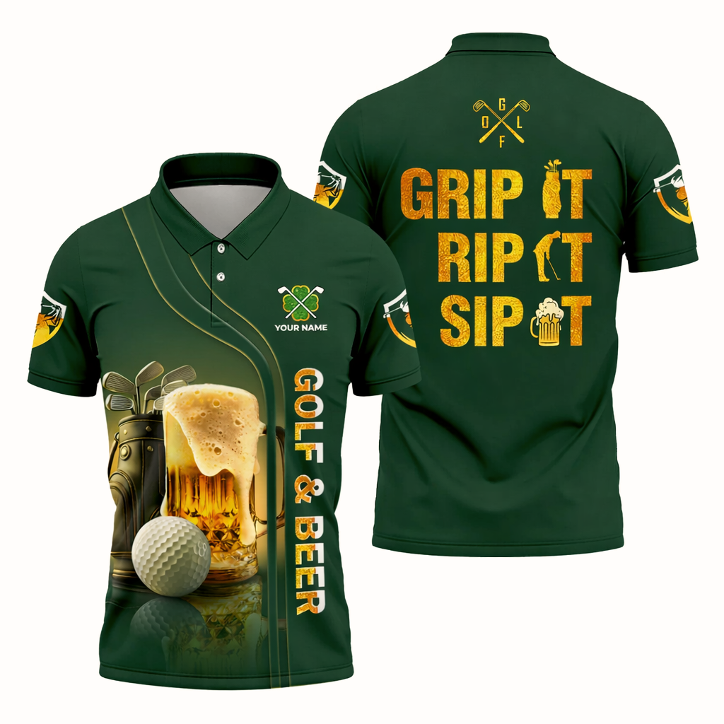 Personalized Grip It Rip It Sip It Golf And Beer St Patrick's Day Green Polo Shirt Golf Gift For Men