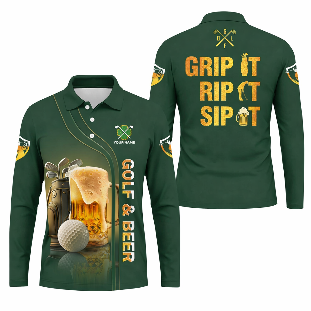 Personalized Grip It Rip It Sip It Golf And Beer St Patrick's Day Green Polo Shirt Golf Gift For Men