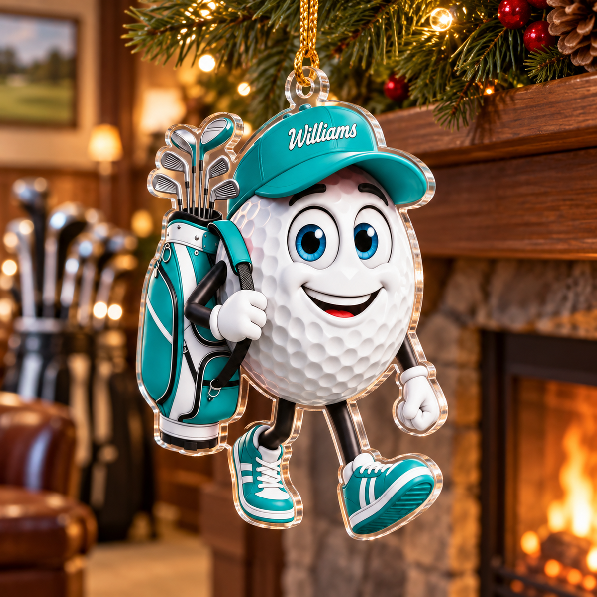 Custom Name Teal Walking Golf Ball Acrylic Ornament, Christmas Ornaments, Golf Gifts