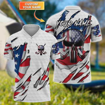 American Skull Flag Custom Golf Polo ShirtGift For Golfers, Golf Gift For Men, America 250 Anniversary Golf Shirt