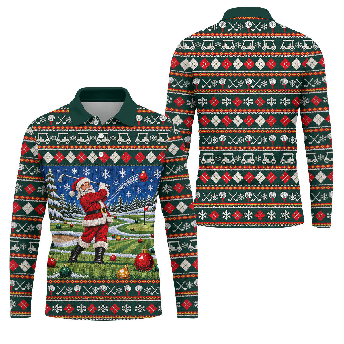 Santa Swing Fair Isle Christmas Golf Shirt, Mens Golf Shirts, Funny Mens Golf Shirts