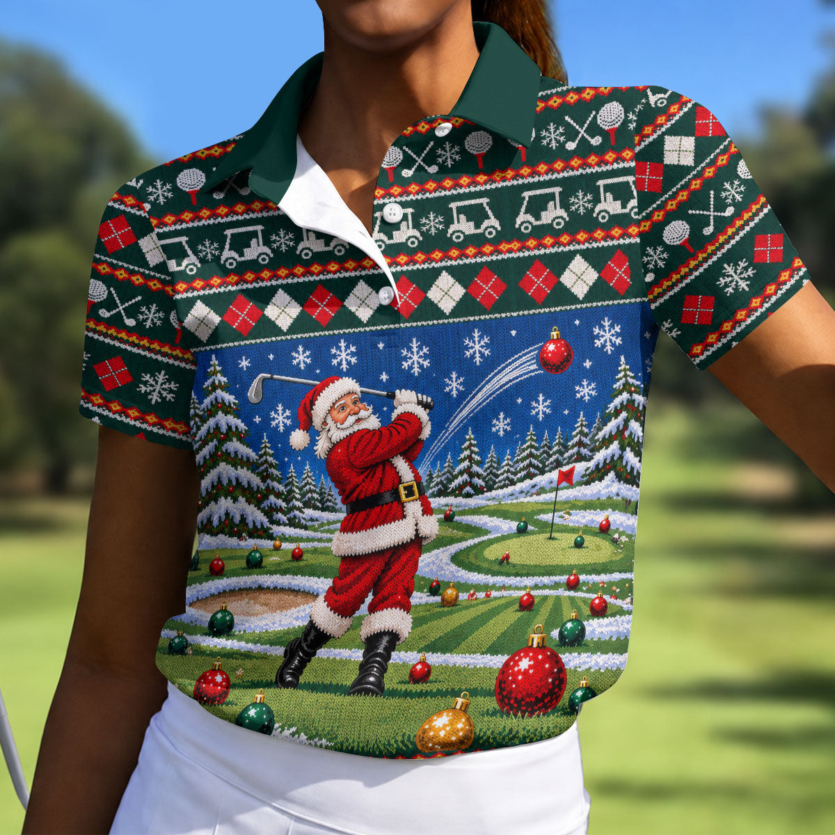 Santa Swing Fair Isle Christmas Golf Shirt, Ladies Golf Shirts, Golf Shirts For Women