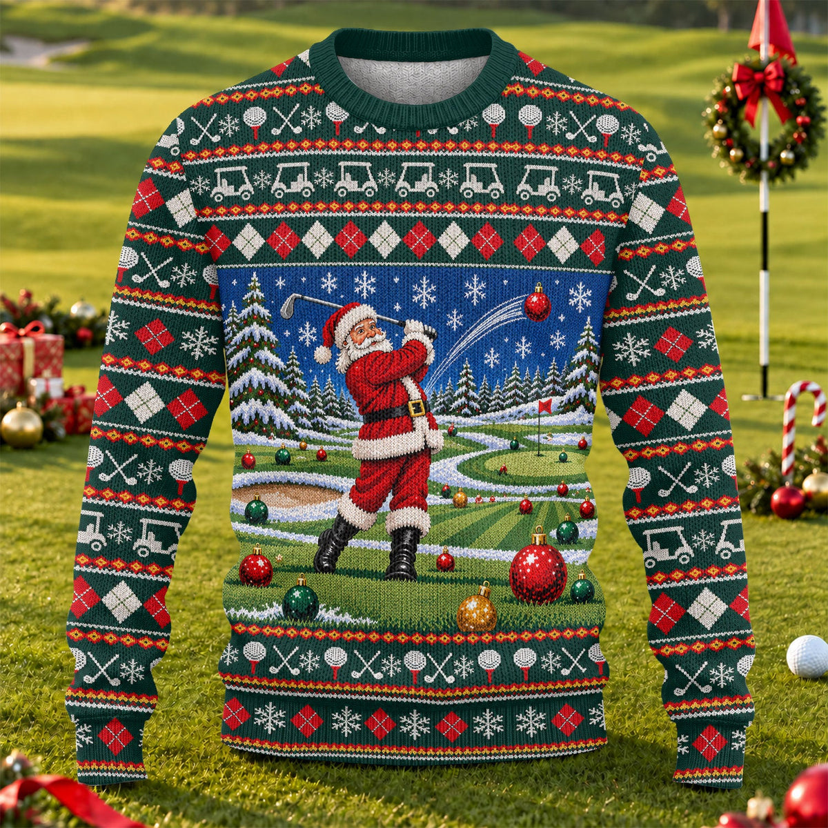 Santa Swing Fair Isle Ugly Christmas Sweater, Golf Lover Gifts, Holiday Party Sweater