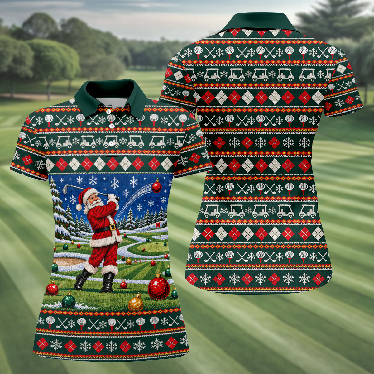 Santa Swing Fair Isle Christmas Golf Shirt, Ladies Golf Shirts, Golf Shirts For Women