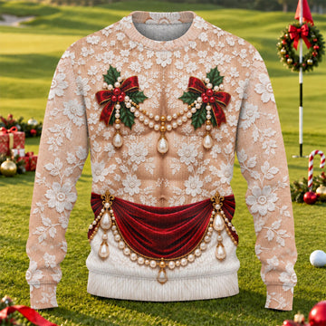 White Lace Pearls Ugly Christmas Sweater, Christmas Party Outfit, Funny Xmas Gift