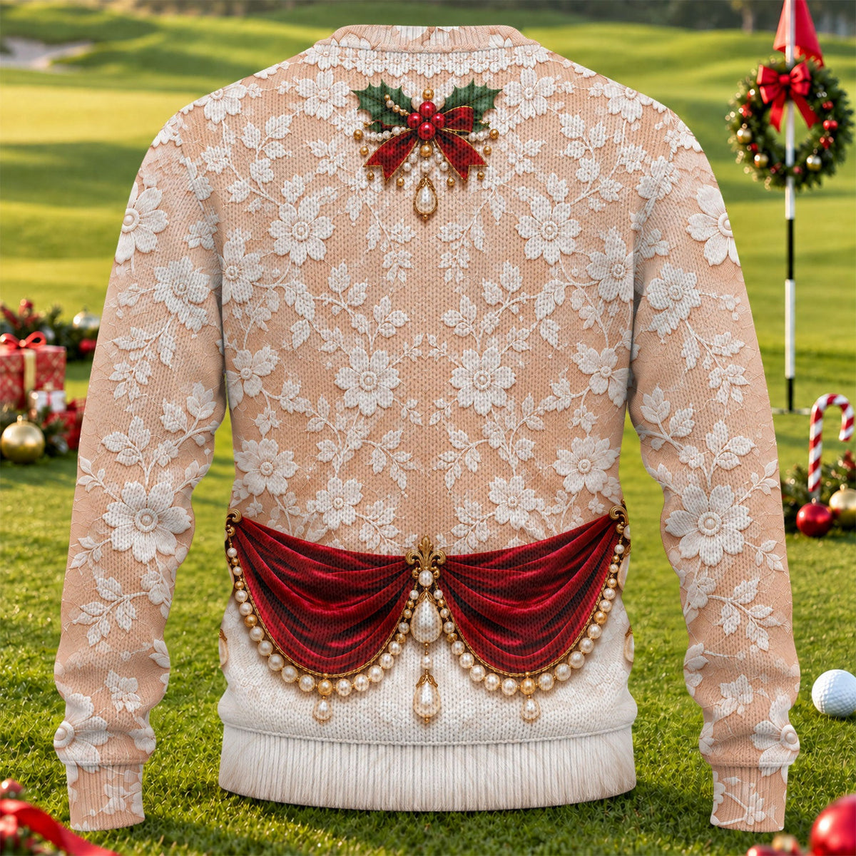 White Lace Pearls Ugly Christmas Sweater, Christmas Party Outfit, Funny Xmas Gift
