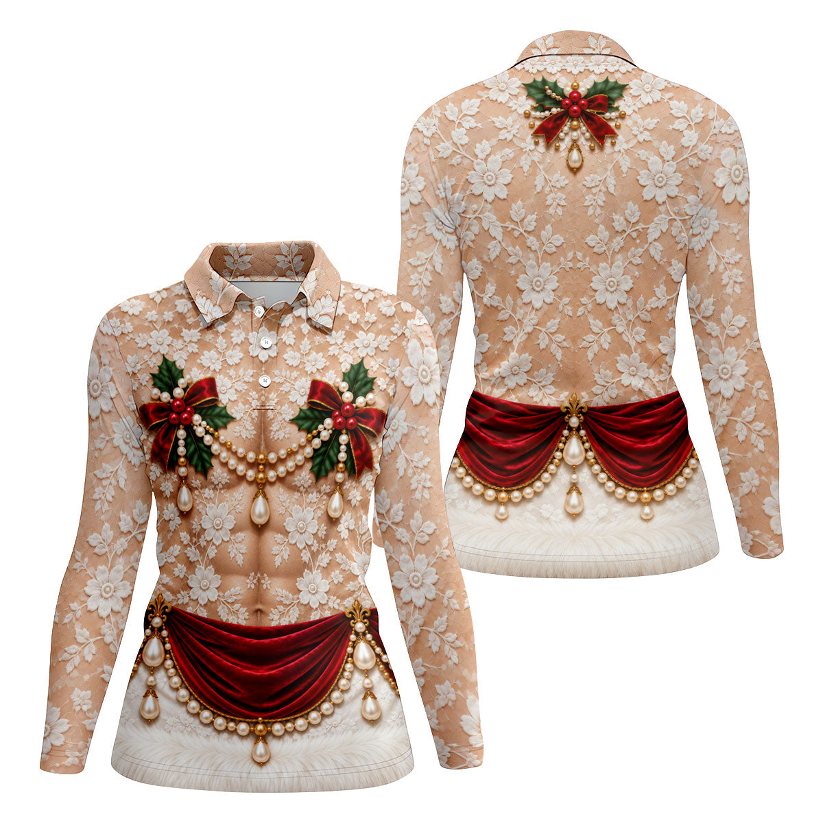 White Lace Pearls Christmas Golf Shirt, Golf Shirts For Women, Womens Golf Clothing