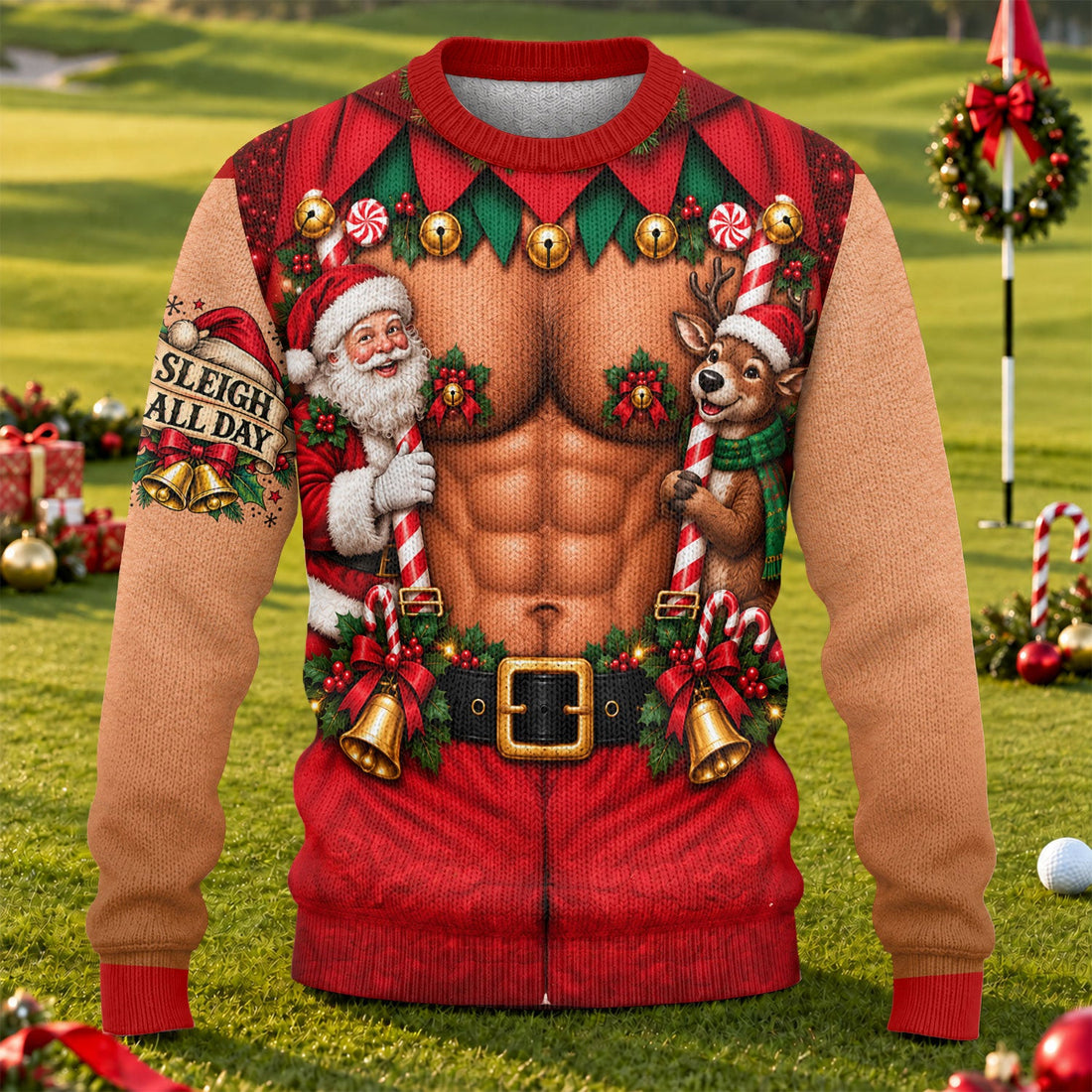 Sleigh All Day Muscle Ugly Christmas Sweater, Golf Lover Gifts, Ugly Sweater Party