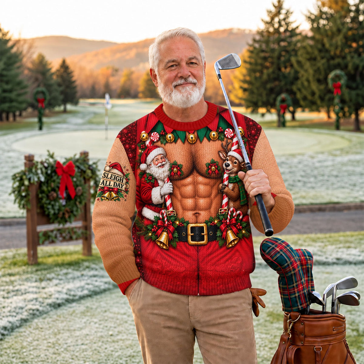 Sleigh All Day Muscle Ugly Christmas Sweater, Golf Lover Gifts, Ugly Sweater Party