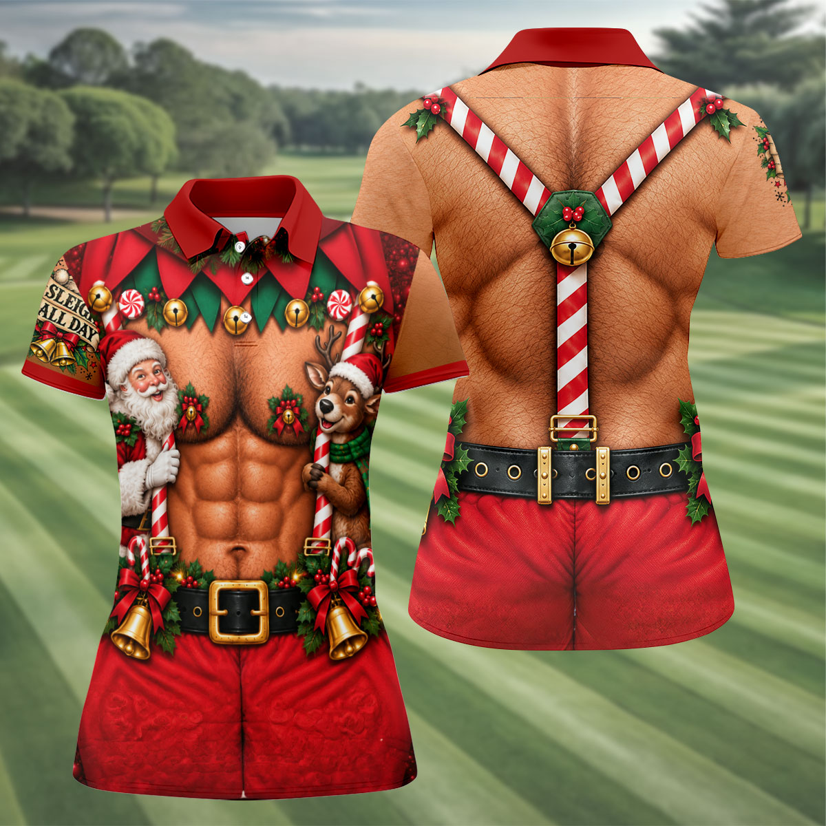 Sleigh All Day Muscle Christmas Golf Shirt, Golf Shirts For Women, Womens Golf Tops