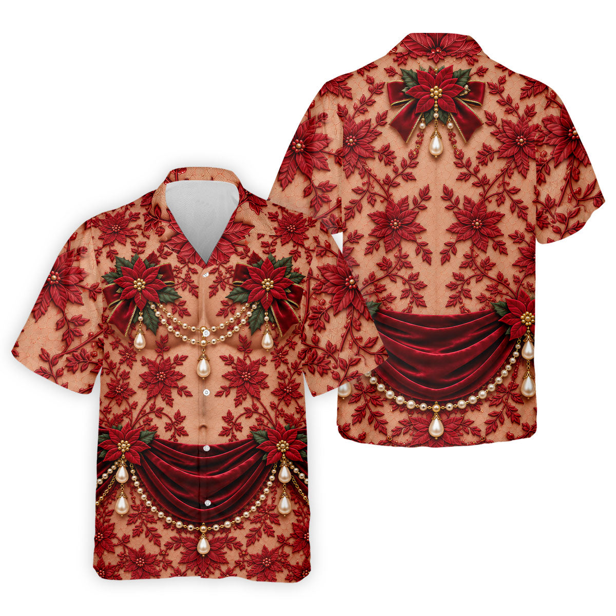 Red Poinsettia Lace Pearls Christmas Golf Shirt, Golf Polo For Men, Mens Golf Polo