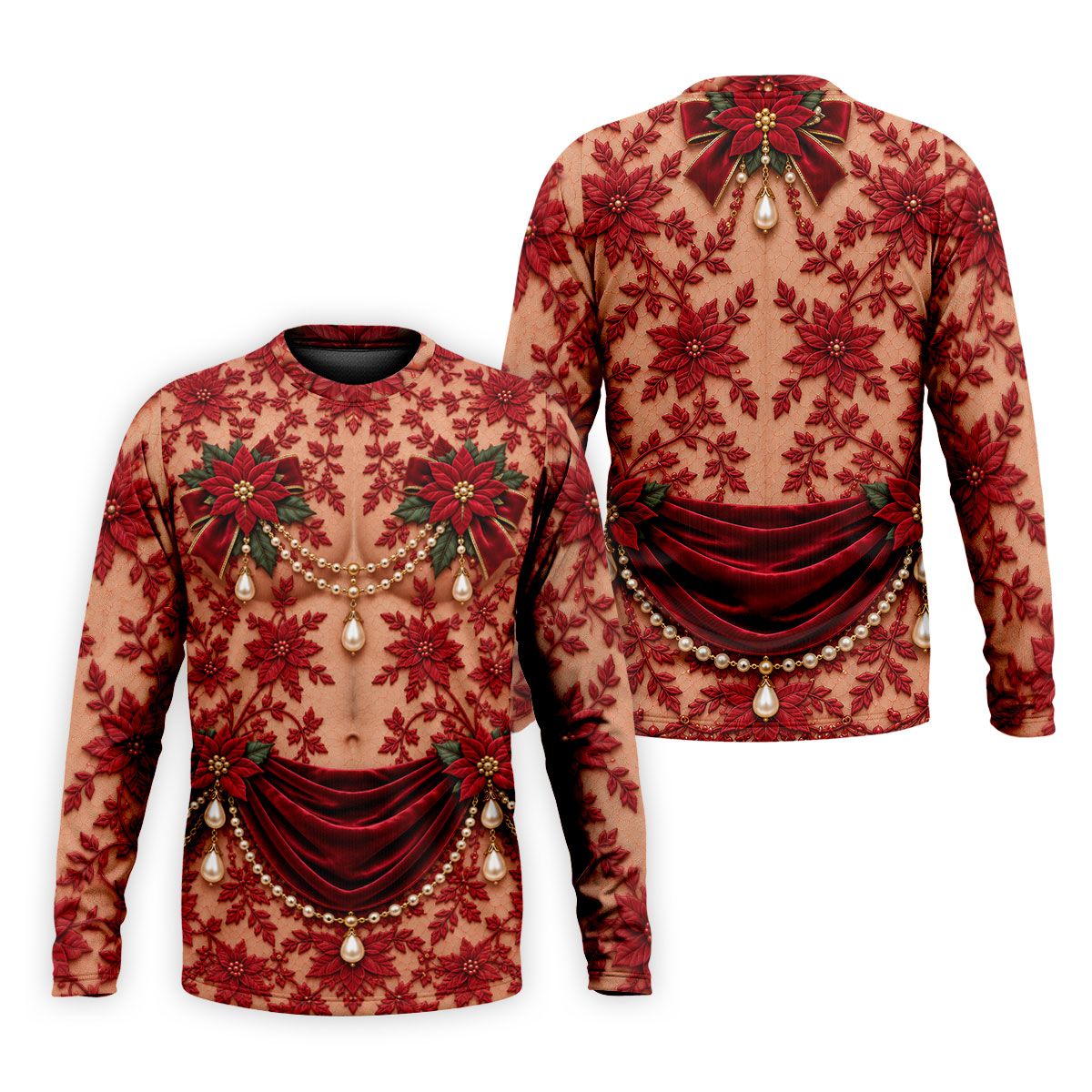 Red Poinsettia Lace Pearls Christmas Golf Shirt, Golf Polo For Men, Mens Golf Polo