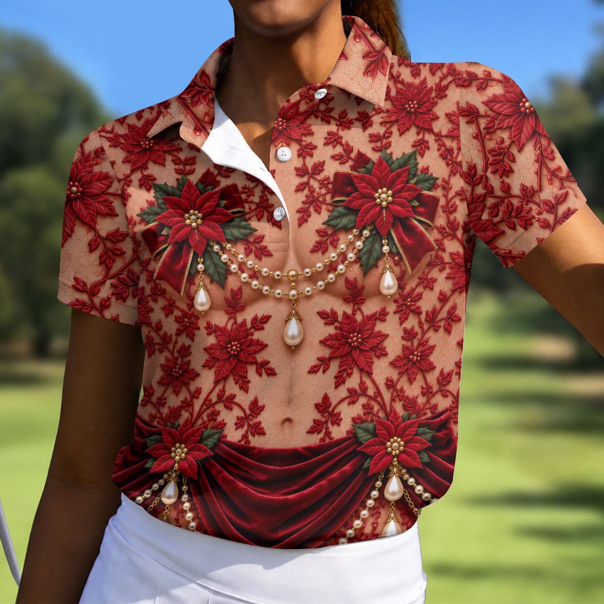 Red Poinsettia Pearls Christmas Golf Shirt, Golf Shirts For Women, Ladies Golf Tops