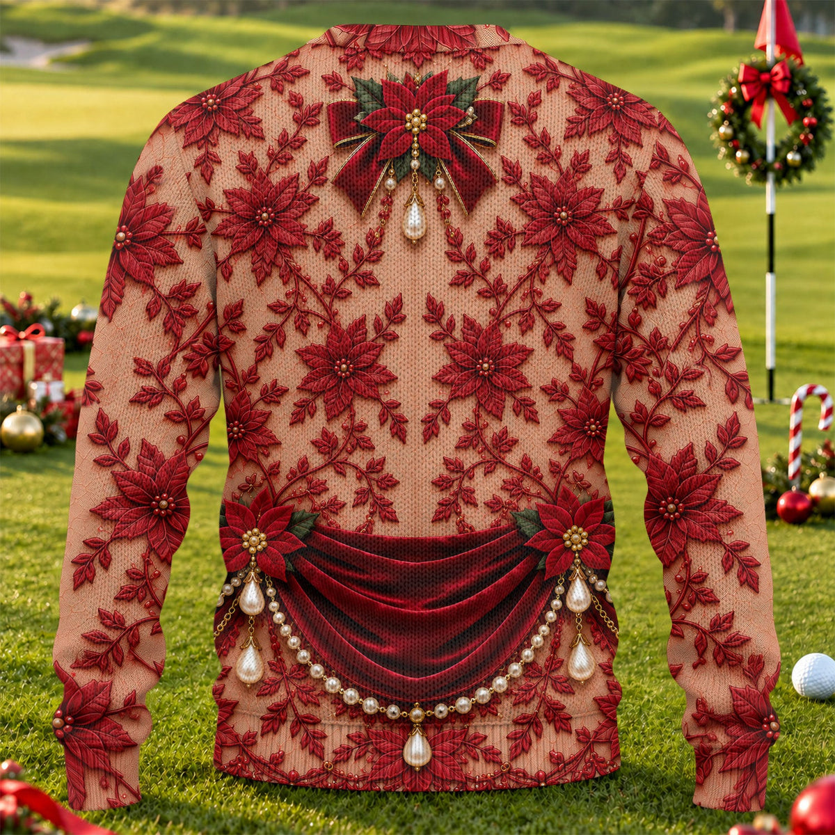 Red Poinsettia Pearls Ugly Christmas Sweater, Christmas Gifts, Christmas Golf Gift