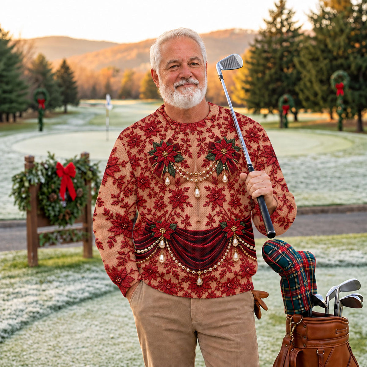 Red Poinsettia Pearls Ugly Christmas Sweater, Christmas Gifts, Christmas Golf Gift
