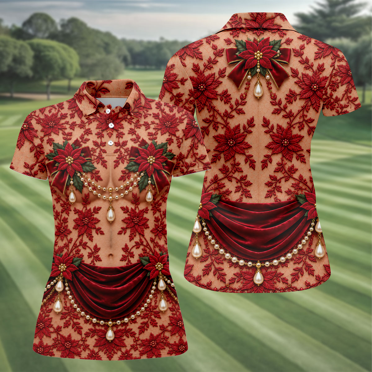 Red Poinsettia Pearls Christmas Golf Shirt, Golf Shirts For Women, Ladies Golf Tops