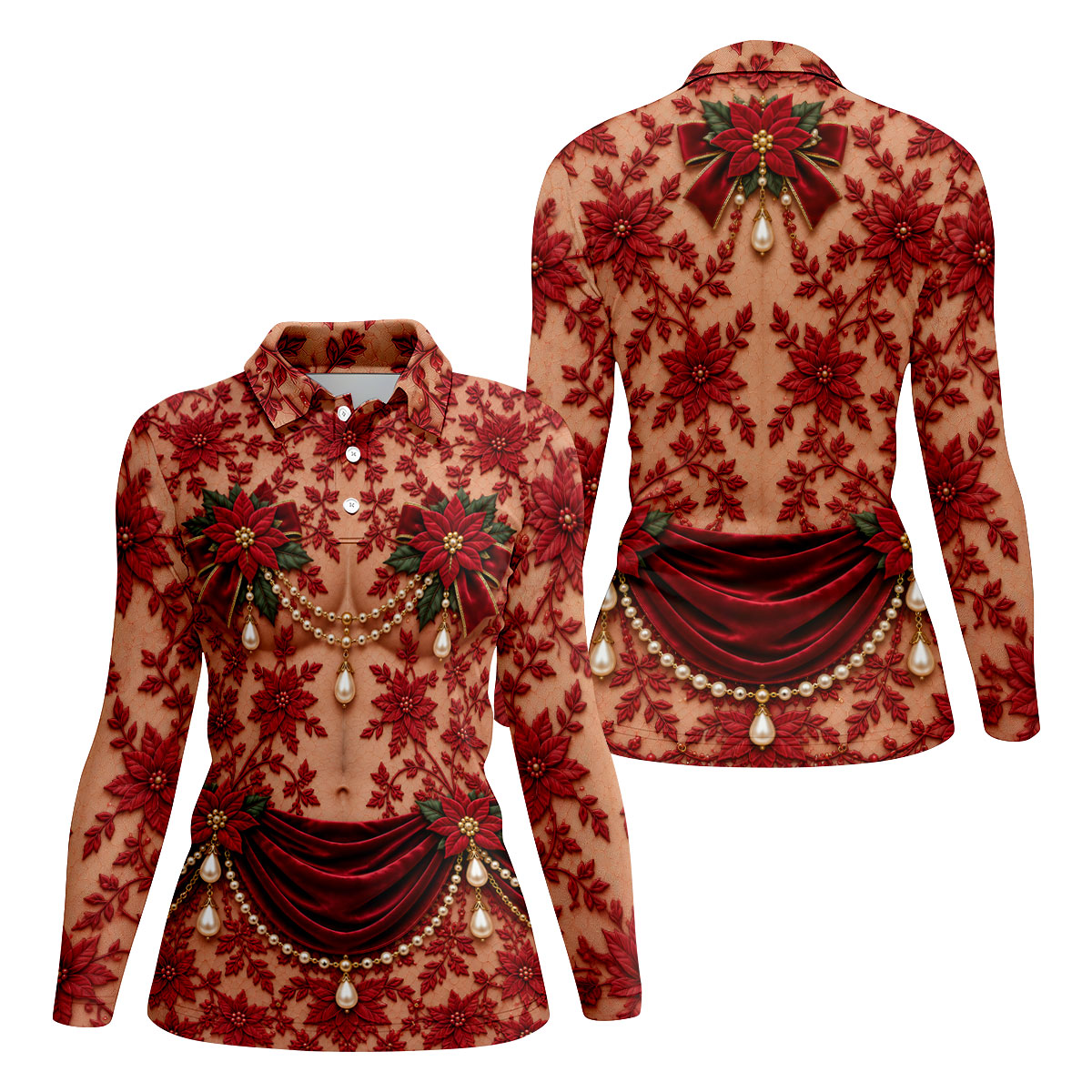 Red Poinsettia Pearls Christmas Golf Shirt, Golf Shirts For Women, Ladies Golf Tops