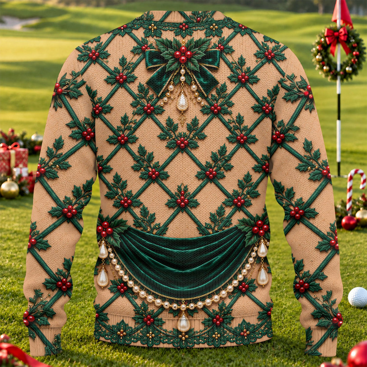 Green Holly Pearls Ugly Christmas Sweater, Christmas Golf Gift, Ugly Sweater Party