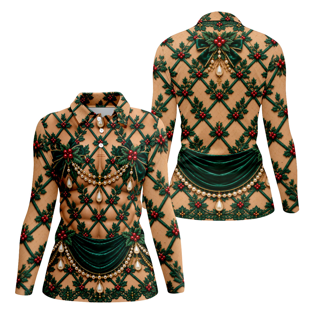 Green Holly Pearls Christmas Golf Shirt, Golf Gifts For Women, Womens Golf Clothing