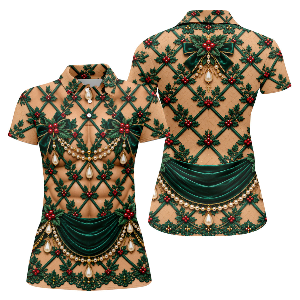 Green Holly Pearls Christmas Golf Shirt, Golf Gifts For Women, Womens Golf Clothing