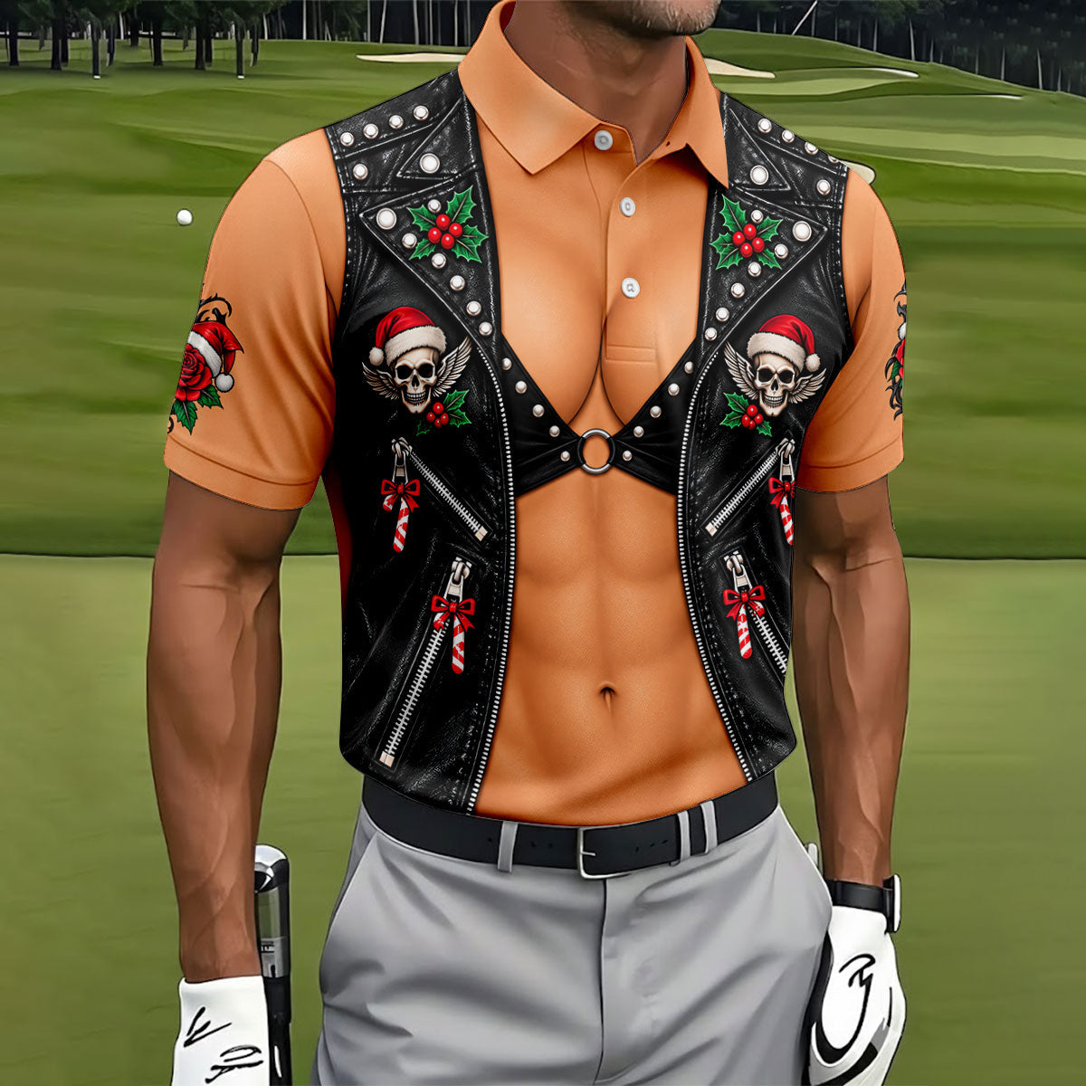 Santa Skull Biker Vest Christmas Golf Shirt, Mens Golf Apparel, Mens Golf Clothing
